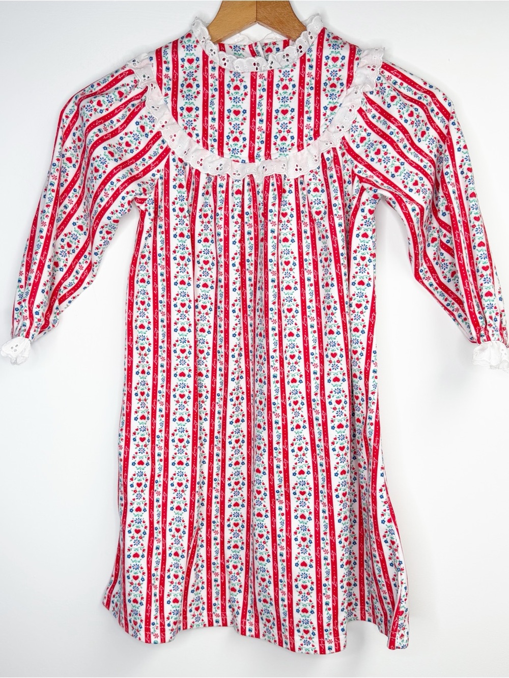 Lanz of salzburg Girls Pajama Red White Floral Striped Flannel Nightgown 4T